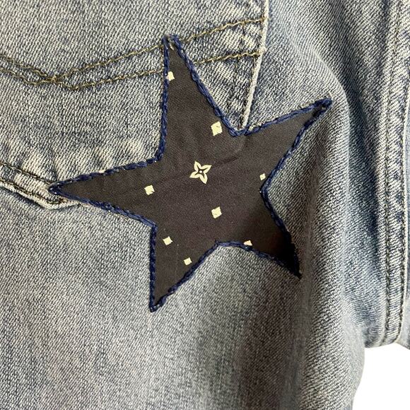 Upcycled Jeans Boho Style Patched Bleached Star Design Waist 34-36" Tapered Leg - Picture 7 of 9